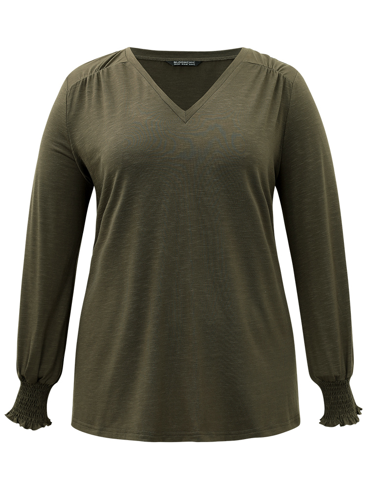 Plus Size Plain V Neck Gathered Shirred Sleeve T-shirt ArmyGreen Women Casual Elastic cuffs Plain V-neck Everyday T-shirts BloomChic 28/5X 