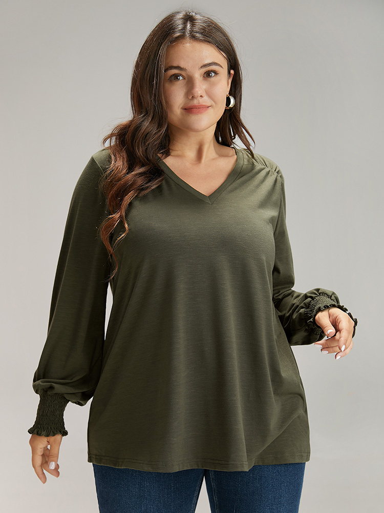 

Plus Size Plain V Neck Gathered Shirred Sleeve T-shirt ArmyGreen Women Casual Elastic cuffs Plain V-neck Everyday T-shirts BloomChic