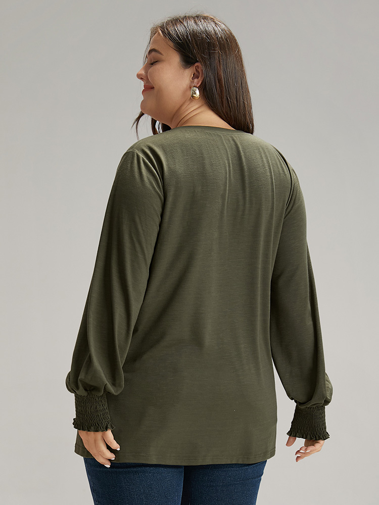 Plus Size Plain V Neck Gathered Shirred Sleeve T-shirt ArmyGreen Women Casual Elastic cuffs Plain V-neck Everyday T-shirts BloomChic 28/5X 