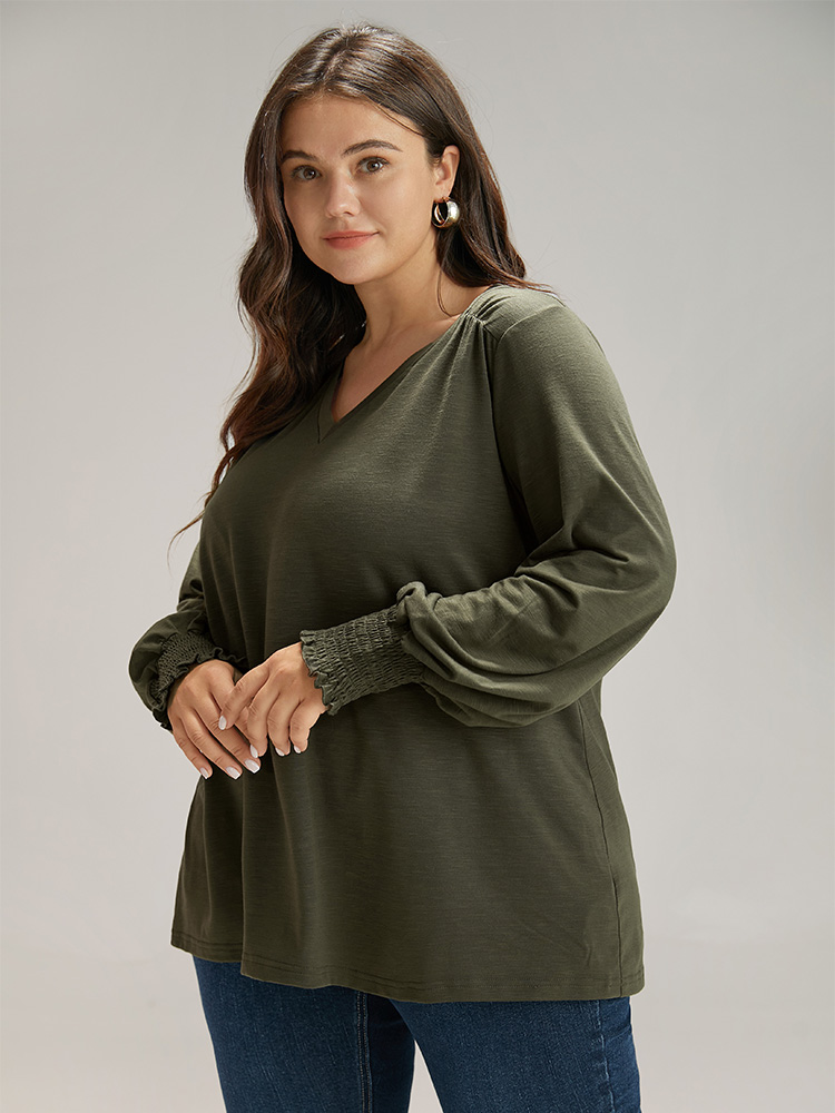 

Plus Size Plain V Neck Gathered Shirred Sleeve T-shirt ArmyGreen Women Casual Elastic cuffs Plain V-neck Everyday T-shirts BloomChic