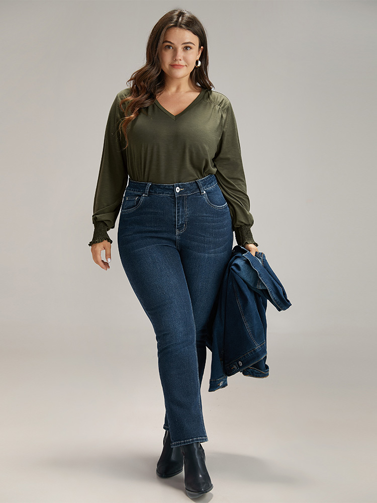 Plus Size Plain V Neck Gathered Shirred Sleeve T-shirt ArmyGreen Women Casual Elastic cuffs Plain V-neck Everyday T-shirts BloomChic 28/5X 