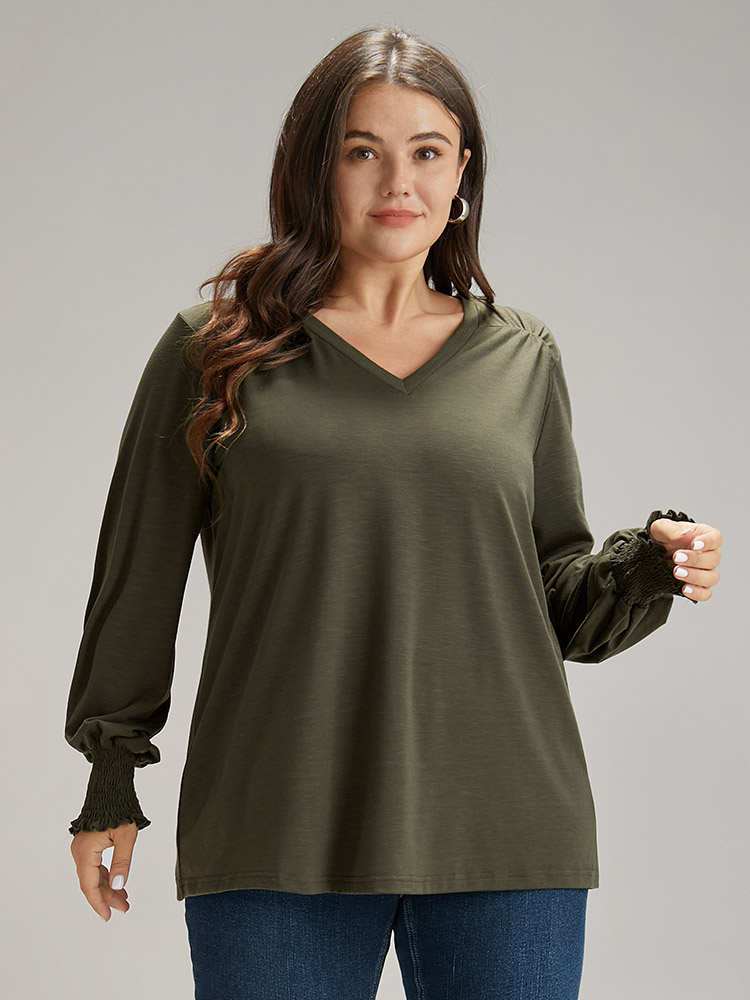 Plus Size Plain V Neck Gathered Shirred Sleeve T-shirt ArmyGreen Women Casual Elastic cuffs Plain V-neck Everyday T-shirts BloomChic 28/5X 