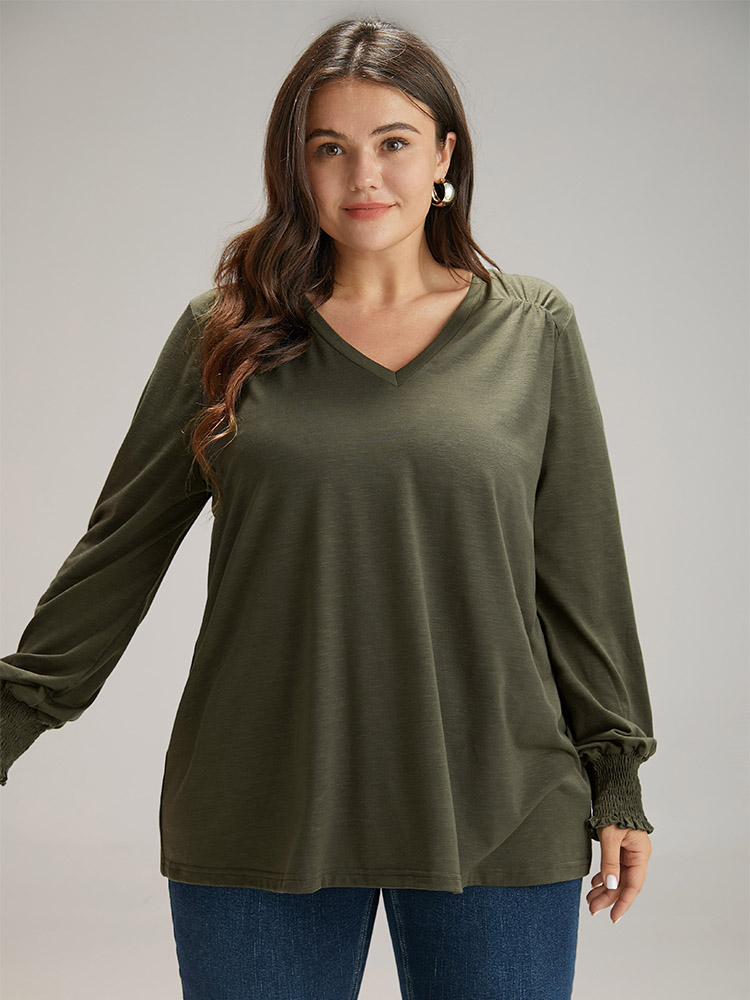 Plus Size Plain V Neck Gathered Shirred Sleeve T-shirt ArmyGreen Women Casual Elastic cuffs Plain V-neck Everyday T-shirts BloomChic 28/5X 