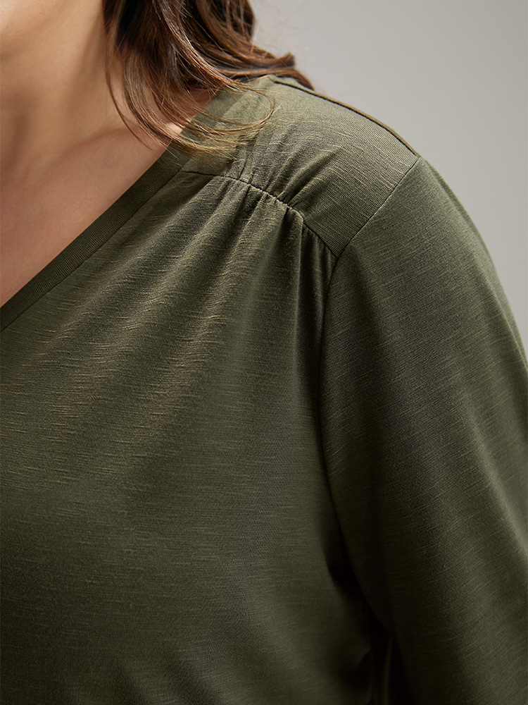 Plus Size Plain V Neck Gathered Shirred Sleeve T-shirt ArmyGreen Women Casual Elastic cuffs Plain V-neck Everyday T-shirts BloomChic 28/5X 