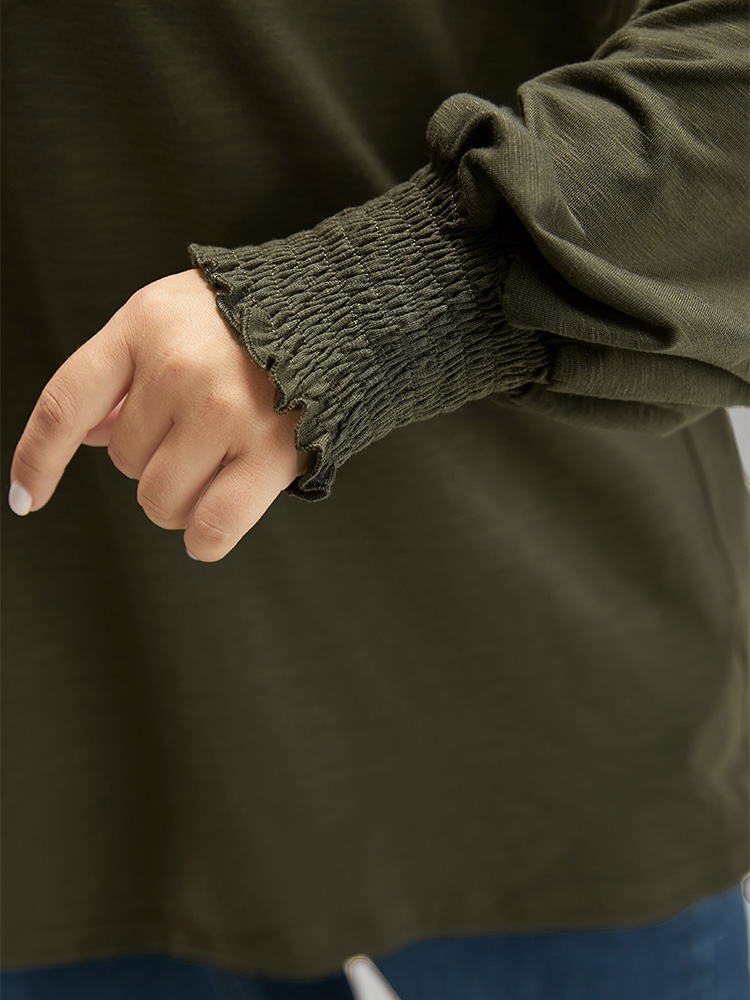 Plus Size Plain V Neck Gathered Shirred Sleeve T-shirt ArmyGreen Women Casual Elastic cuffs Plain V-neck Everyday T-shirts BloomChic 28/5X 
