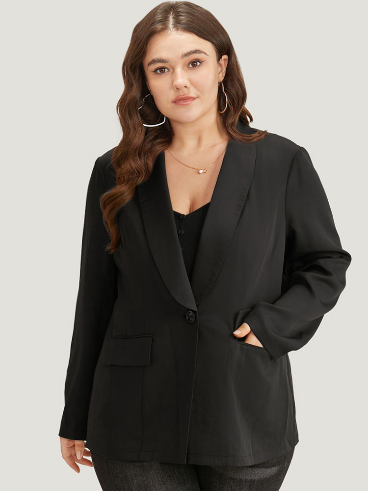 Plus Size Plain Suit Collar Button Up Pocket Blazer Black Women Work Plain Plain Sleeve Long Sleeve Suit Collar 30/6X Pocket At the Office Blazers BloomChic 