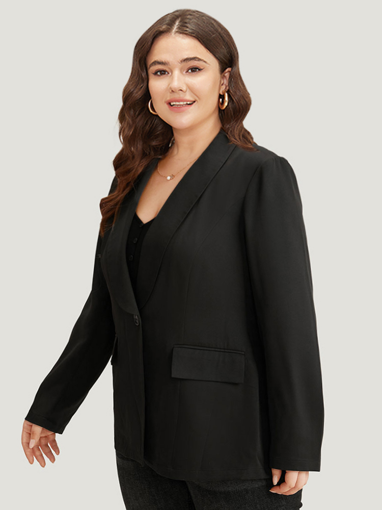 Plus Size Plain Suit Collar Button Up Pocket Blazer Black Women Work Plain Plain Sleeve Long Sleeve Suit Collar 30/6X Pocket At the Office Blazers BloomChic 