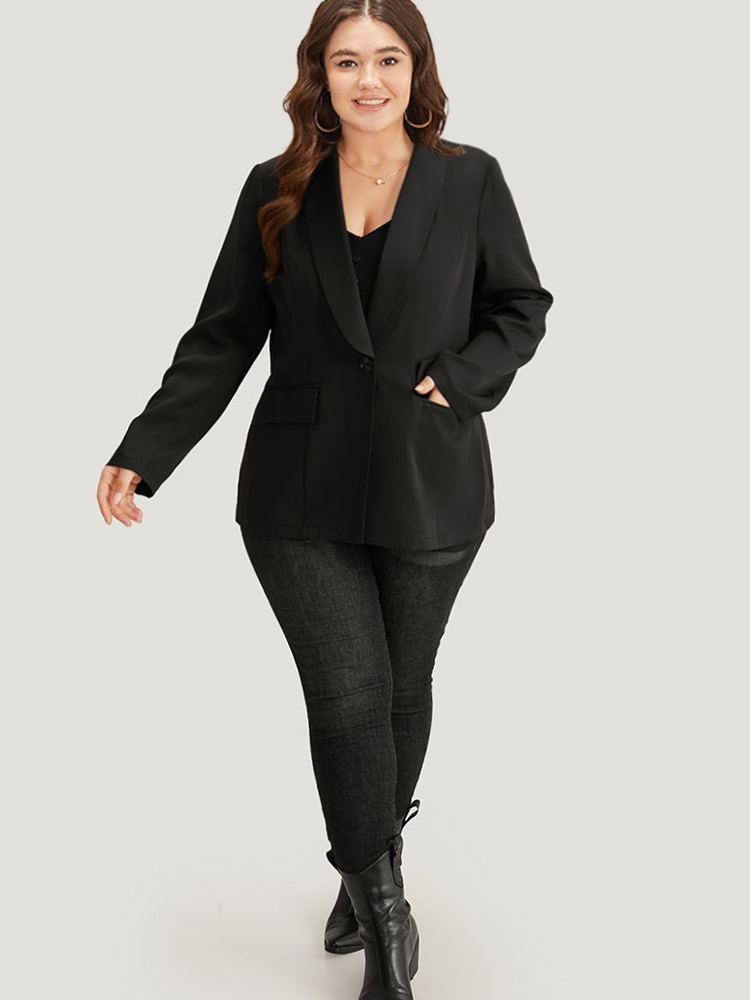 Plus Size Plain Suit Collar Button Up Pocket Blazer Black Women Work Plain Plain Sleeve Long Sleeve Suit Collar 30/6X Pocket At the Office Blazers BloomChic 