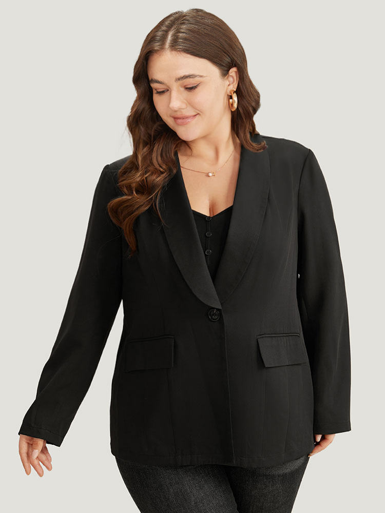 Plus Size Plain Suit Collar Button Up Pocket Blazer Black Women Work Plain Plain Sleeve Long Sleeve Suit Collar 30/6X Pocket At the Office Blazers BloomChic 