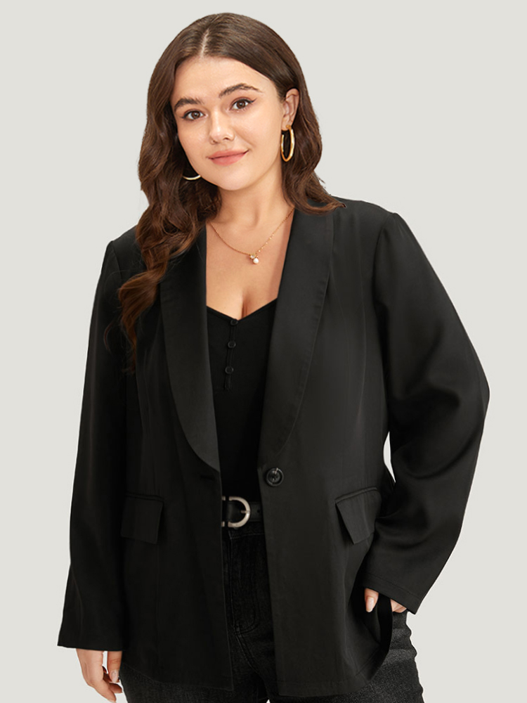 Plus Size Plain Suit Collar Button Up Pocket Blazer Black Women Work Plain Plain Sleeve Long Sleeve Suit Collar 30/6X Pocket At the Office Blazers BloomChic 