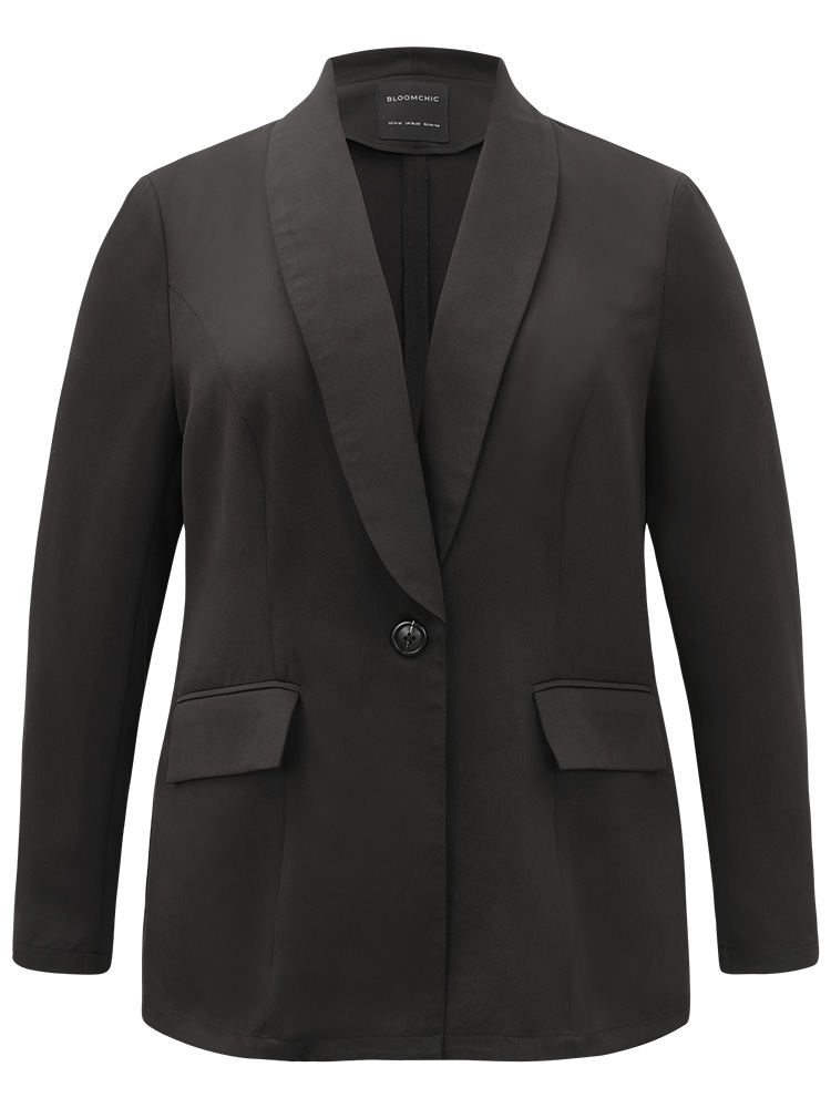 Plus Size Plain Suit Collar Button Up Pocket Blazer Black Women Work Plain Plain Sleeve Long Sleeve Suit Collar 30/6X Pocket At the Office Blazers BloomChic 