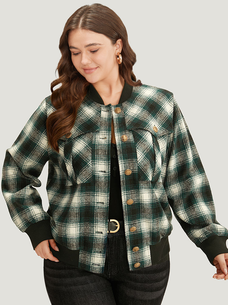 

Plus Size Halloween Plaid Pocket Button Up Contrast Patchwork Jacket Women Cyan Elastic cuffs Pocket Dailywear Jackets BloomChic