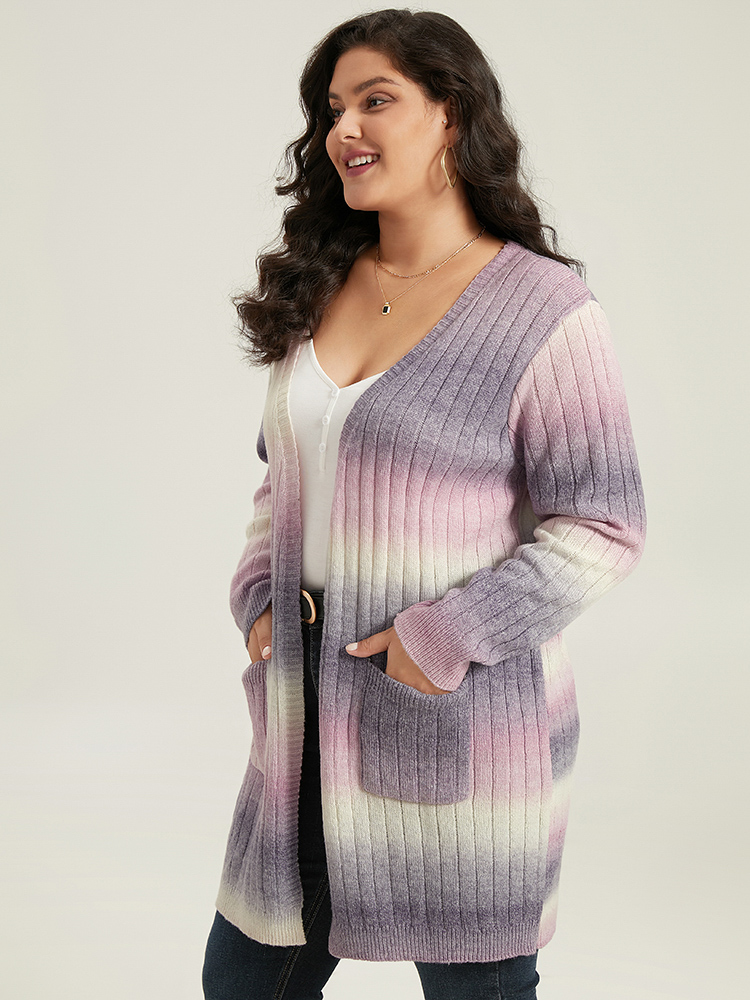 Plus Size Ombre Patched Pocket Tunic Cardigan Multicolor Women Glamour Loose Long Sleeve Dailywear Cardigans BloomChic 10/M 
