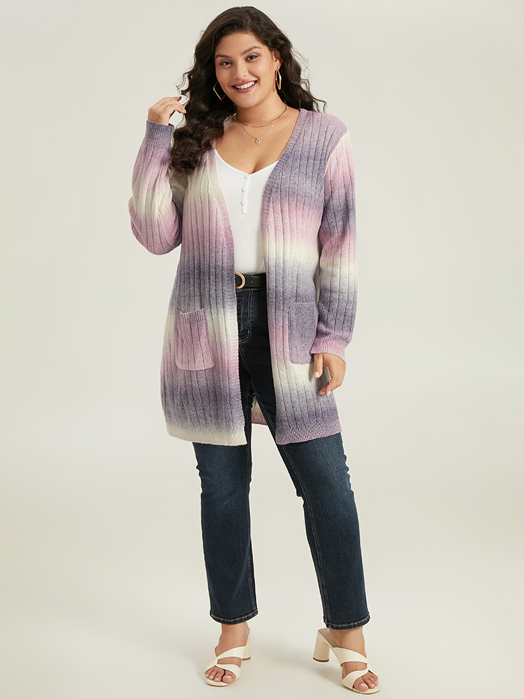 Plus Size Ombre Patched Pocket Tunic Cardigan Multicolor Women Glamour Loose Long Sleeve Dailywear Cardigans BloomChic 10/M 