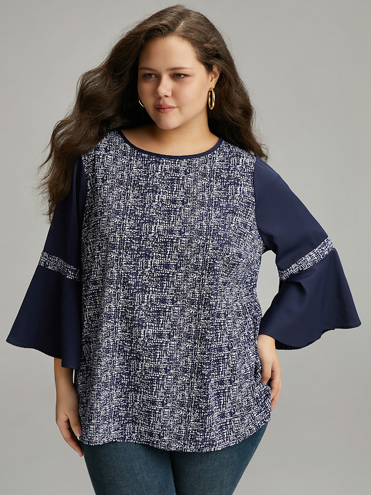 Plus Size Women Dailywear Patchwork Ruffles Ruffle Sleeve Long Sleeve Round Neck Vacation Blouses BloomChic 