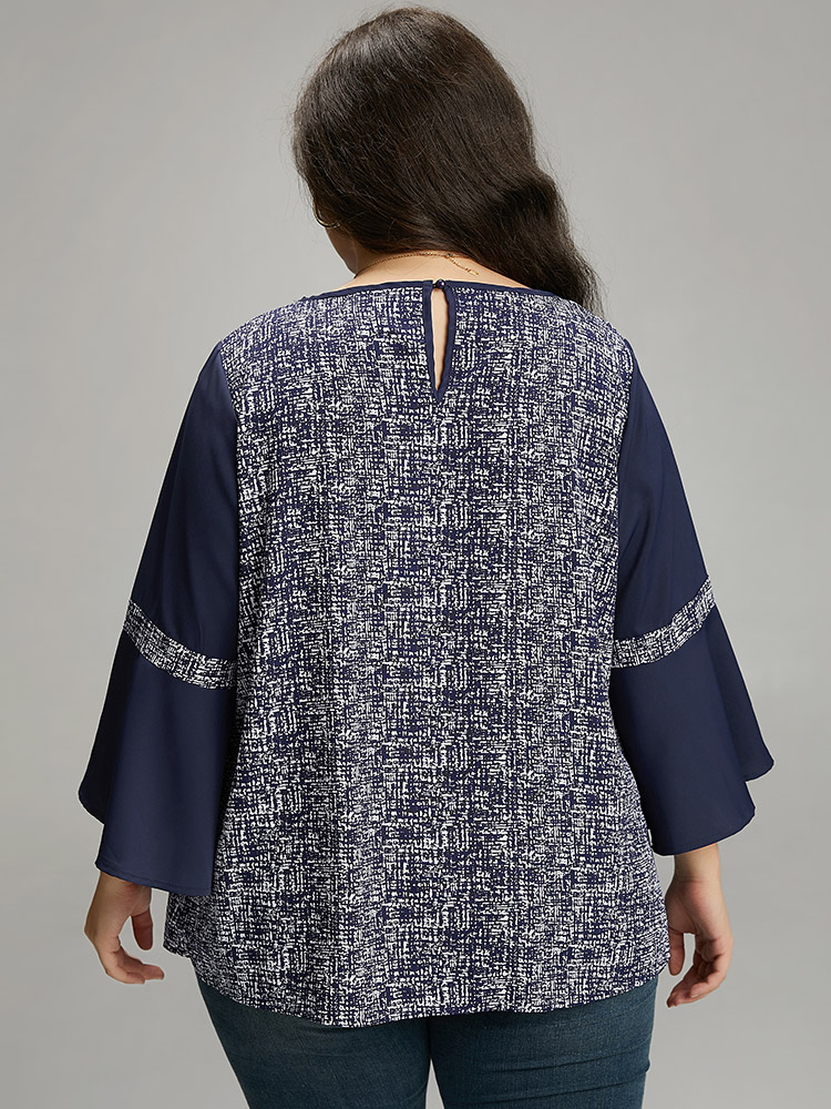 Plus Size Women Dailywear Patchwork Ruffles Ruffle Sleeve Long Sleeve Round Neck Vacation Blouses BloomChic 
