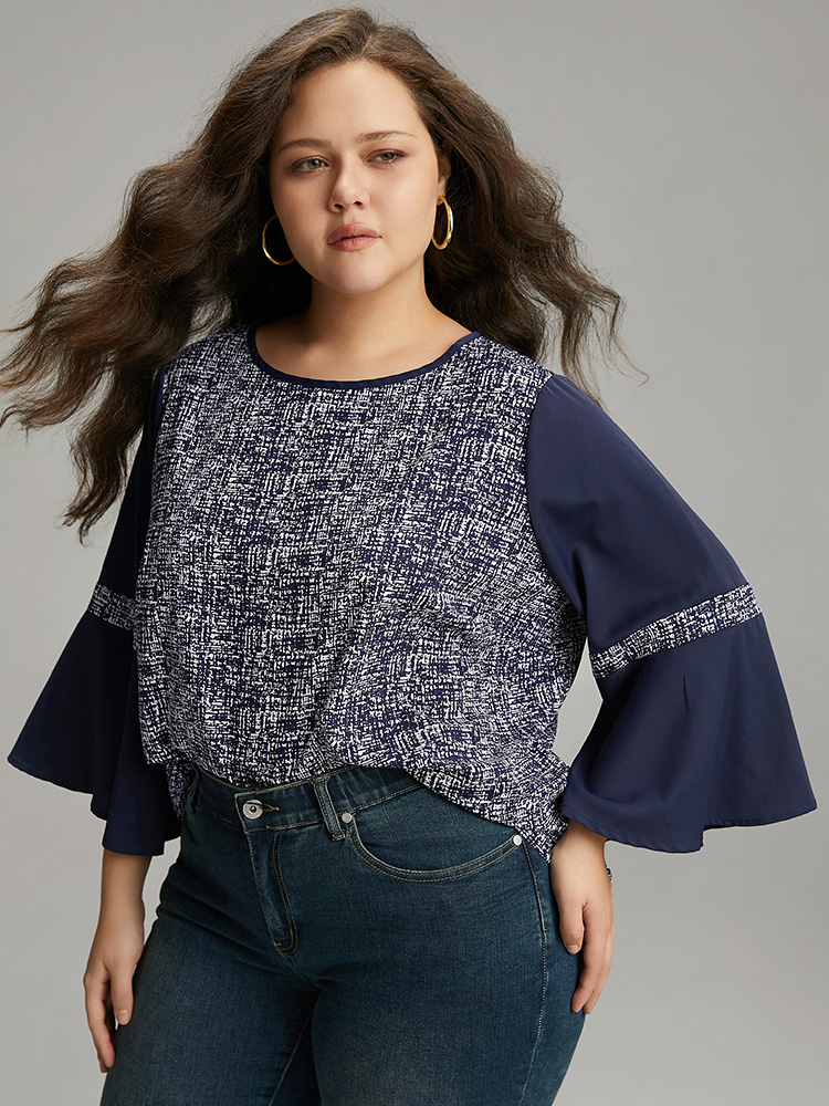 Plus Size Women Dailywear Patchwork Ruffles Ruffle Sleeve Long Sleeve Round Neck Vacation Blouses BloomChic 