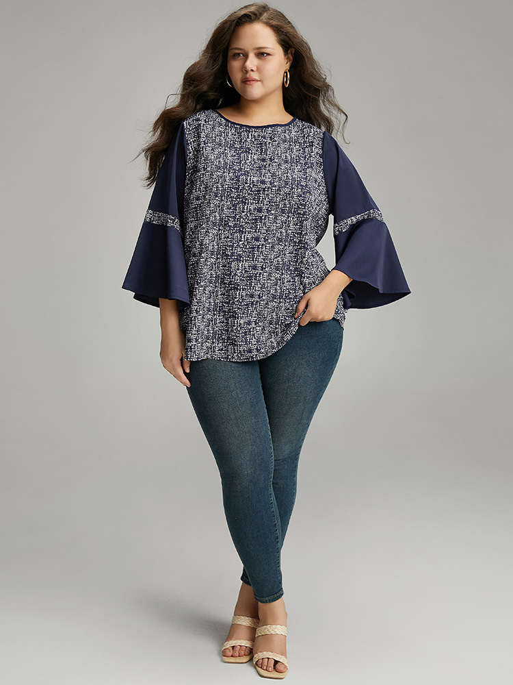 Plus Size Women Dailywear Patchwork Ruffles Ruffle Sleeve Long Sleeve Round Neck Vacation Blouses BloomChic 