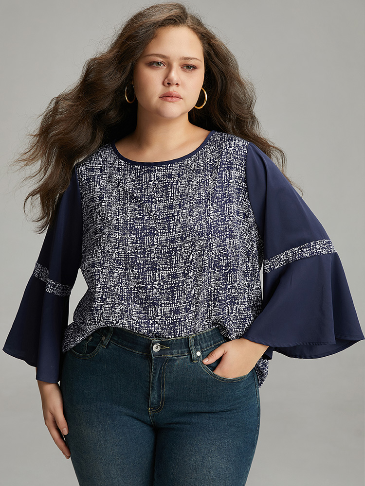Plus Size Women Dailywear Patchwork Ruffles Ruffle Sleeve Long Sleeve Round Neck Vacation Blouses BloomChic 