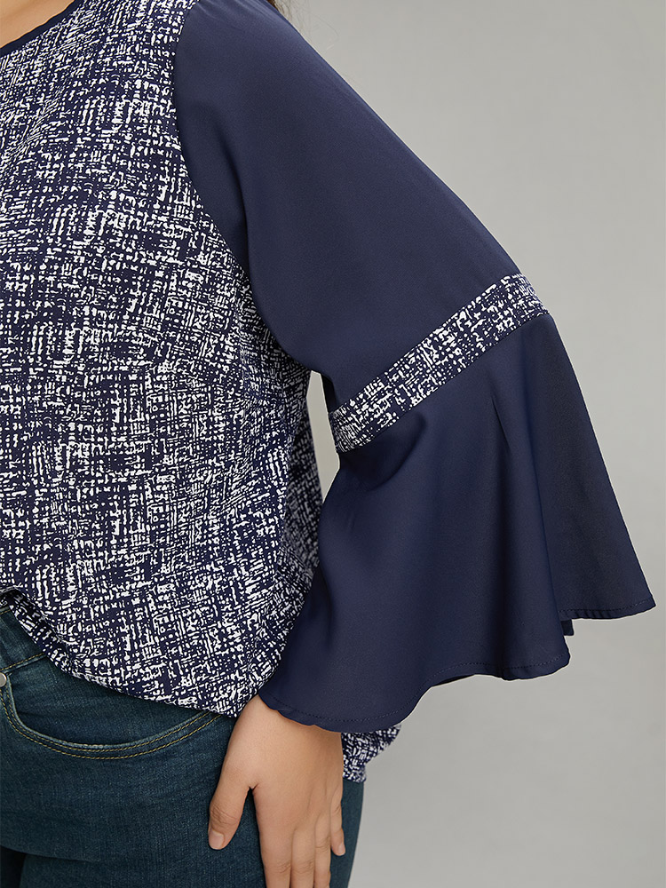 Plus Size Women Dailywear Patchwork Ruffles Ruffle Sleeve Long Sleeve Round Neck Vacation Blouses BloomChic 