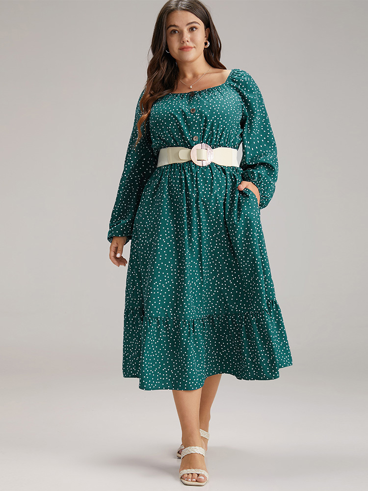 

Plus Size Polka Dot Square Neck Shirred Button Detail Dress Teal Women Elastic cuffs Square Neck Long Sleeve Curvy Midi Dress BloomChic