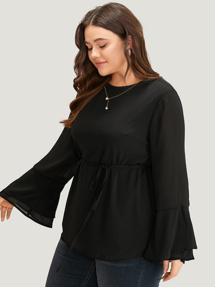 

Plus Size Black Chiffon Mesh Tiered Bell Sleeve Blouse Women Office Long Sleeve Round Neck Work Blouses BloomChic