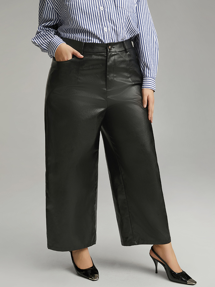 Plus Size PU Wide Leg Pocket Pants Women Black Elegant Wide Leg High Rise Dailywear Pants BloomChic 14-16/1X 