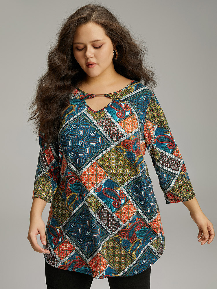 

Plus Size Paisley Colorblock Contrast Keyhole T-shirt Multicolor Keyhole Cut-Out Elbow-length sleeve Casual Jersey Tops