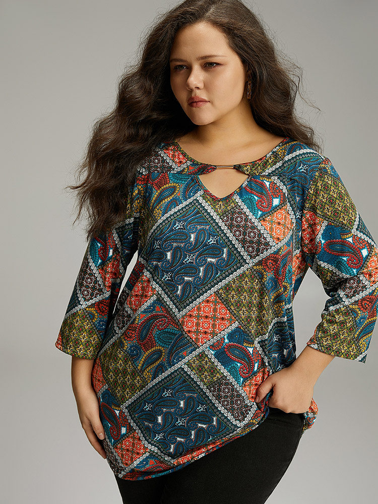 

Plus Size Paisley Colorblock Contrast Keyhole T-shirt Multicolor Keyhole Cut-Out Elbow-length sleeve Casual Jersey Tops