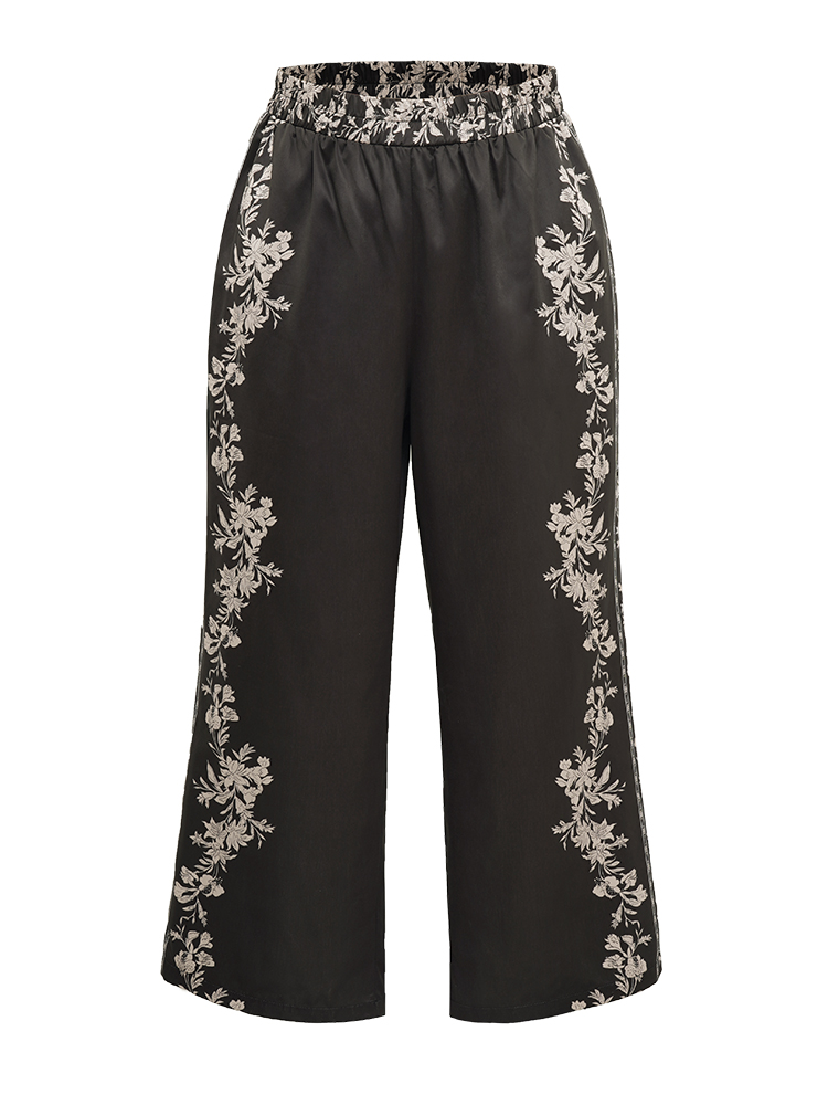 

Plus Size Boho Print Pocket Elastic Waist Pants Women BlackFlower Elegant Straight Leg High Rise Dailywear Pants BloomChic