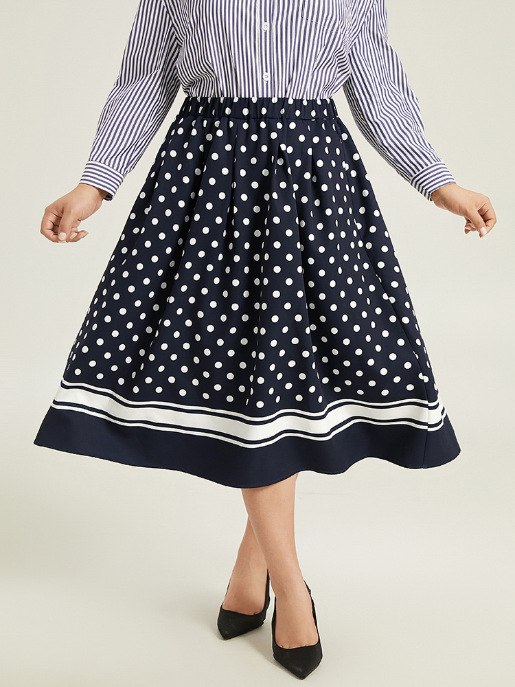 

Plus Size Polka Dot Elastic Waist Contrast Skirt Women Indigo Office A-line No stretch Pocket Work Skirts BloomChic