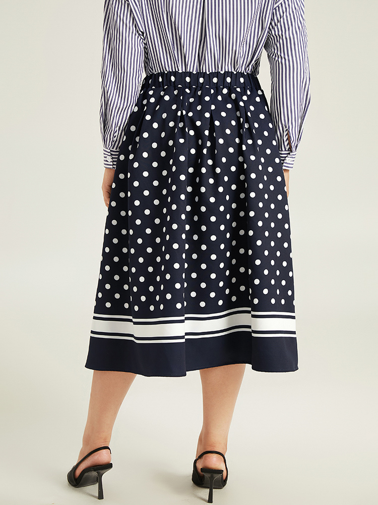 Plus Size Polka Dot Elastic Waist Contrast Skirt Women Indigo Office A-line No stretch Pocket Work Skirts BloomChic 12/L 
