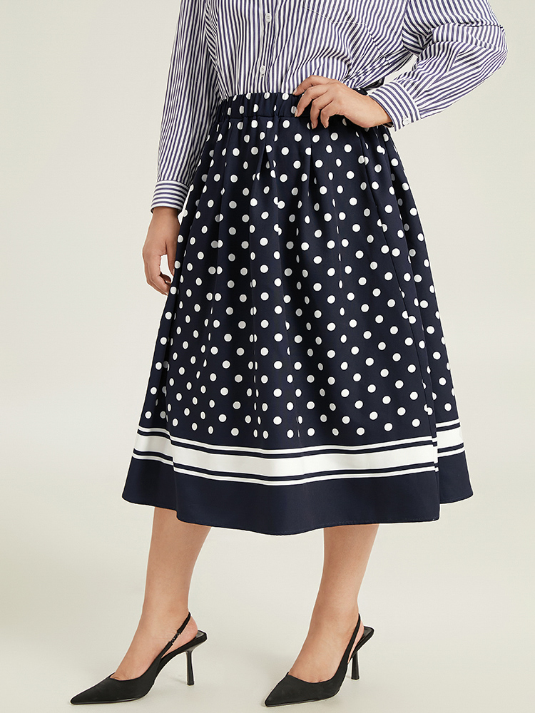 Plus Size Polka Dot Elastic Waist Contrast Skirt Women Indigo Office A-line No stretch Pocket Work Skirts BloomChic 12/L 