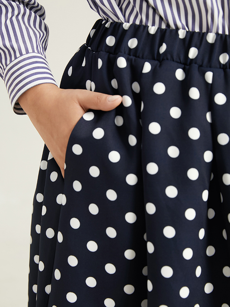 Plus Size Polka Dot Elastic Waist Contrast Skirt Women Indigo Office A-line No stretch Pocket Work Skirts BloomChic 12/L 