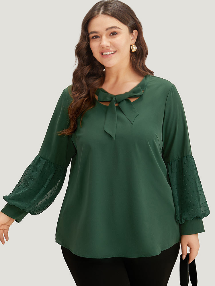 Plus Size Women Work Plain Texture Lantern Sleeve Long Sleeve Tie Neck Office Blouses BloomChic 