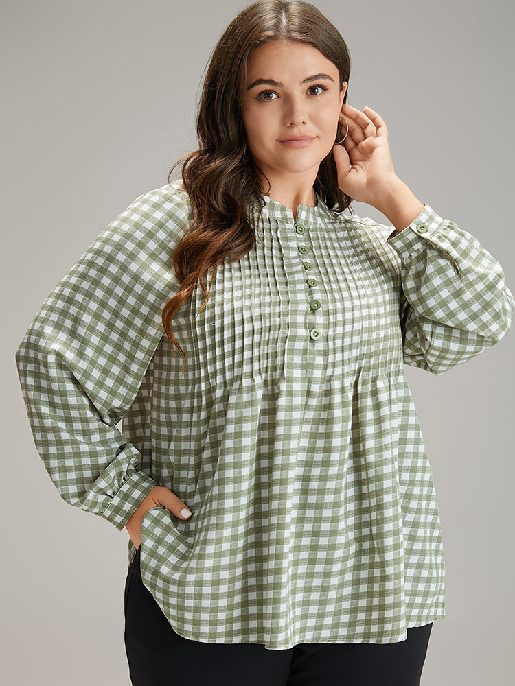 

Plus Size Olive Gingham Pleated Button Up Lantern Sleeve Blouse Women Office Long Sleeve Round Neck Work Blouses BloomChic