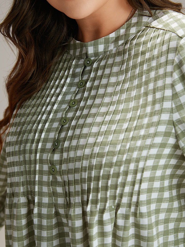 Plus Size Women Work Gingham Pleated Lantern Sleeve Long Sleeve Round Neck Office Blouses BloomChic 