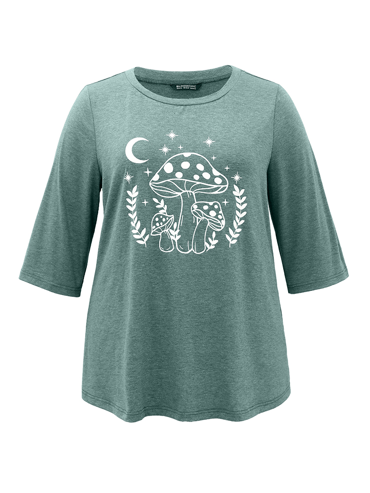 

Plus Size Mushroom Print Round Neck T-shirt DarkGreen Women Casual Printed Natural Flowers Round Neck Everyday T-shirts BloomChic