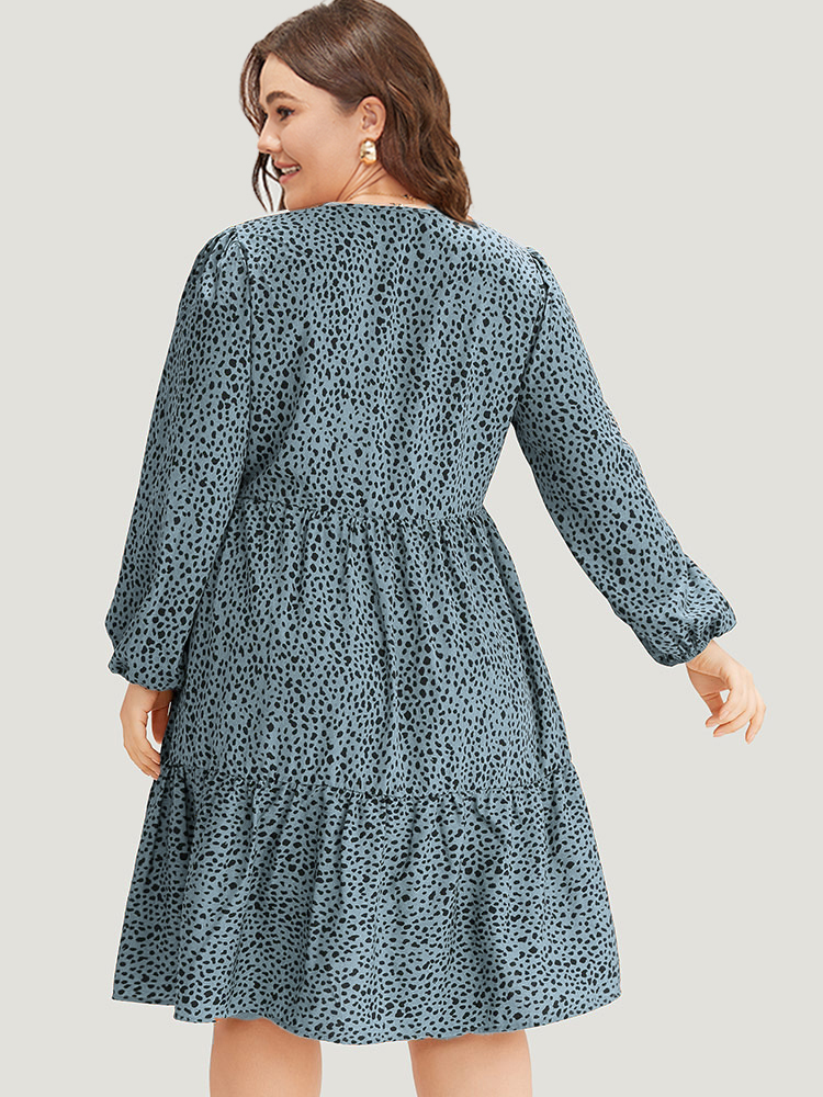 Plus Size Leopard Lantern Sleeve V Neck Pocket Dress Stone Women Elegant Elastic cuffs V-neck Long Sleeve Curvy Midi Dress BloomChic 30/6X 