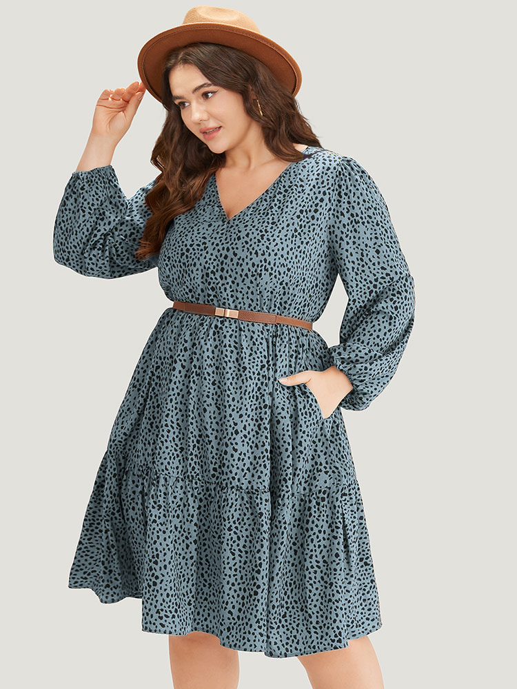 Plus Size Leopard Lantern Sleeve V Neck Pocket Dress Stone Women Elegant Elastic cuffs V-neck Long Sleeve Curvy Midi Dress BloomChic 30/6X 