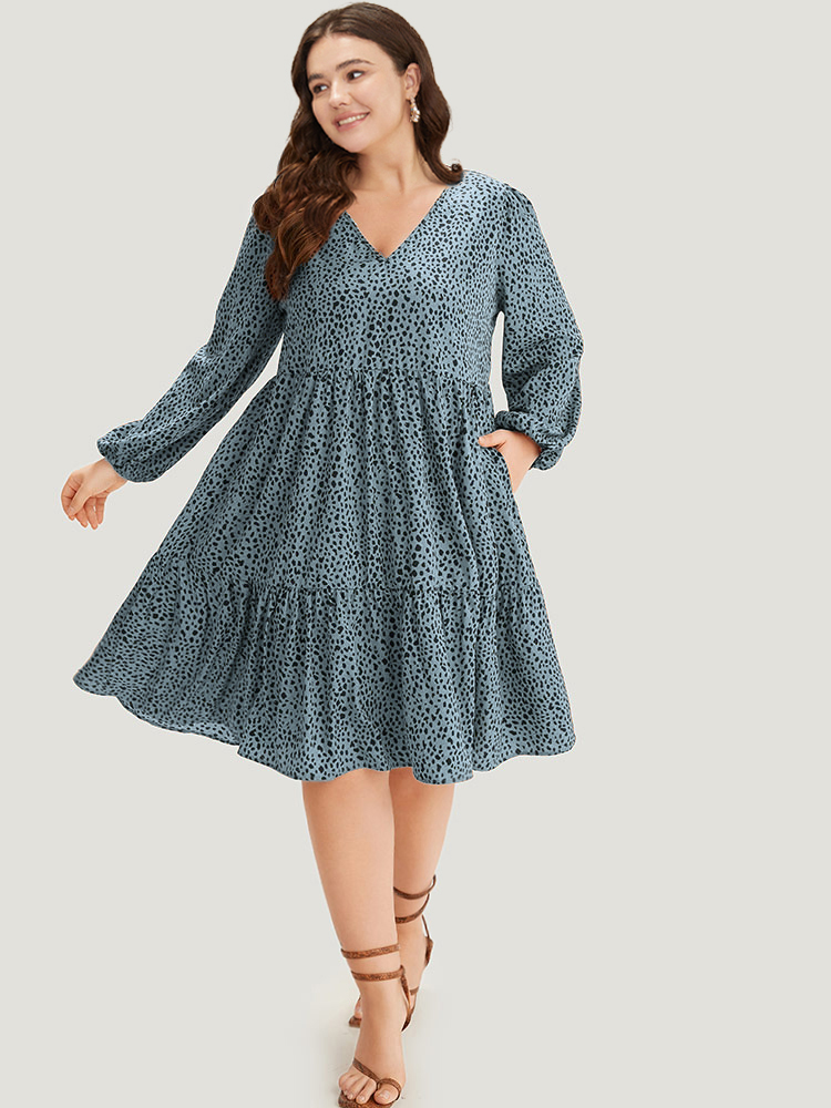 

Plus Size Leopard Lantern Sleeve V Neck Pocket Dress Stone Women Elegant Elastic cuffs V-neck Long Sleeve Curvy Midi Dress BloomChic