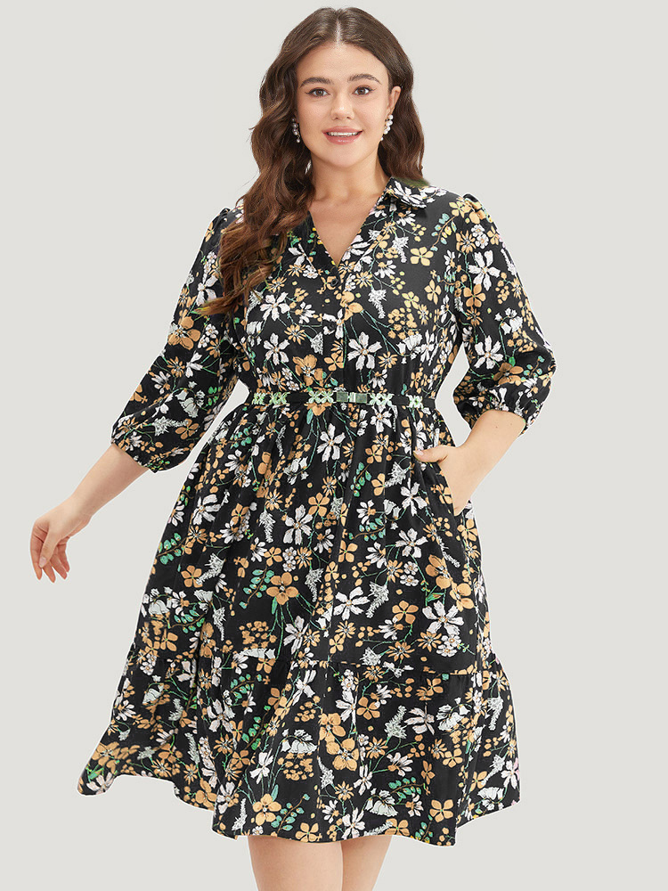 

Plus Size Floral Print Shirt Collar Ruffled Hem Dress Black Women Elegant Elastic cuffs Shirt collar Elbow-length sleeve Curvy Midi Dress BloomChic