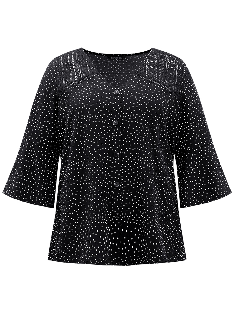 

Plus Size Black Polka Dot Crochet Lace Button Detail Blouse Women Elegant Elbow-length sleeve V-neck Dailywear Blouses BloomChic