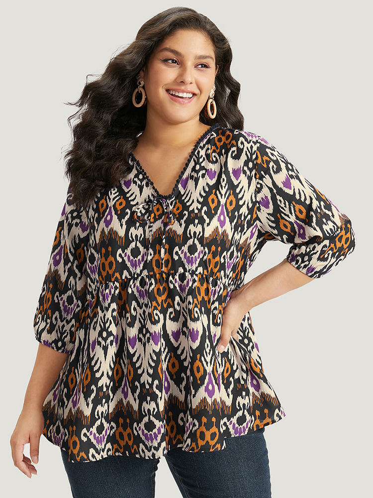 Plus Size Black Bandana Print Ties Pompom Trim Blouse Women Vacation Elbow-length sleeve V-neck Dailywear Blouses BloomChic 26/4X 