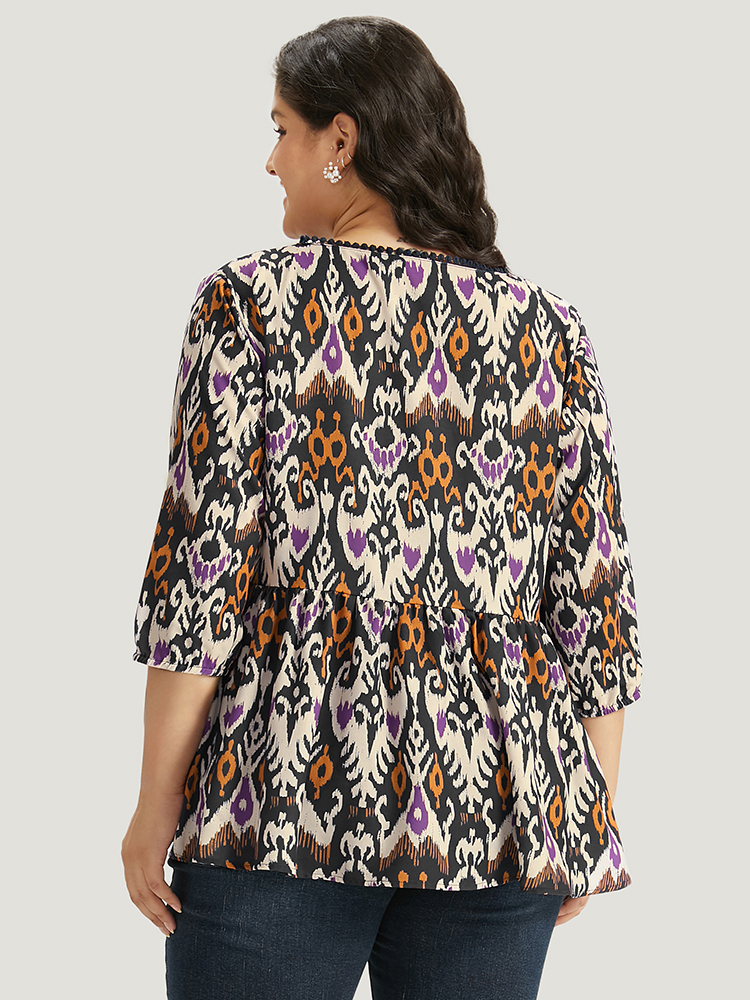 Plus Size Black Bandana Print Ties Pompom Trim Blouse Women Vacation Elbow-length sleeve V-neck Dailywear Blouses BloomChic 26/4X 