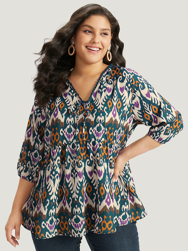 Plus Size Cyan Bandana Print Ties Pompom Trim Blouse Women Vacation Elbow-length sleeve V-neck Dailywear Blouses BloomChic 12/L 