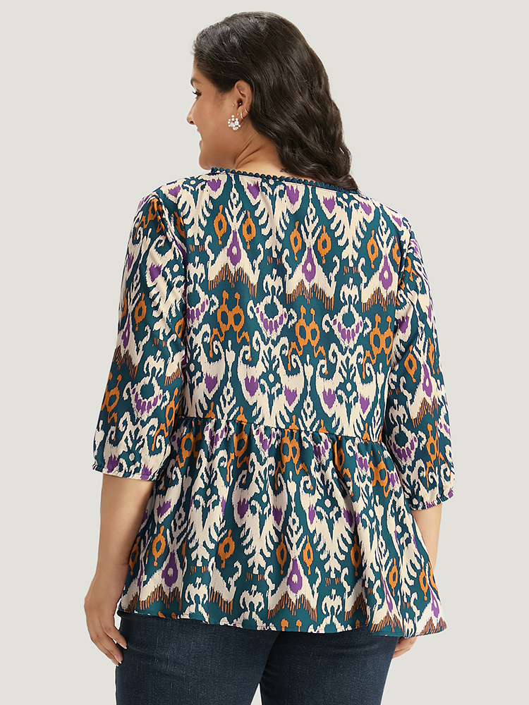 Plus Size Cyan Bandana Print Ties Pompom Trim Blouse Women Vacation Elbow-length sleeve V-neck Dailywear Blouses BloomChic 12/L 