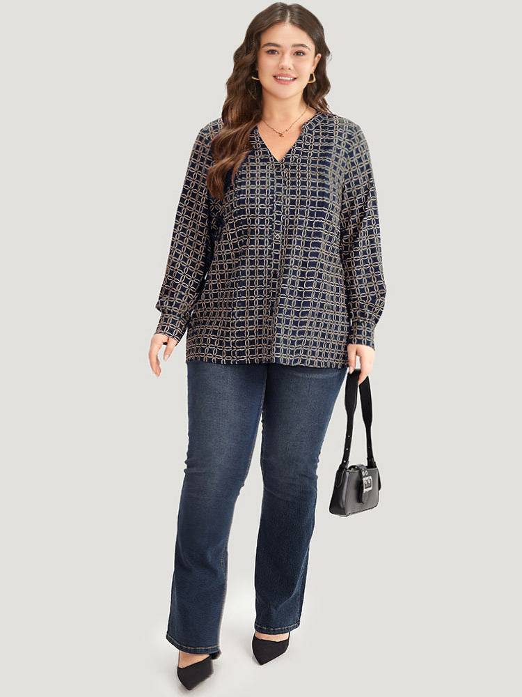 

Plus Size Indigo Geometric Graphic Pleated Detail Blouse Women Office Long Sleeve V-neck Work Blouses BloomChic