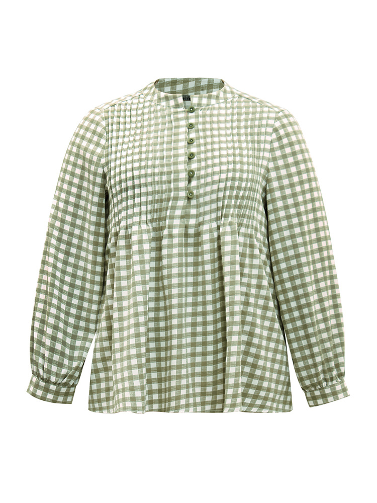Plus Size Women Work Gingham Pleated Lantern Sleeve Long Sleeve Round Neck Office Blouses BloomChic 
