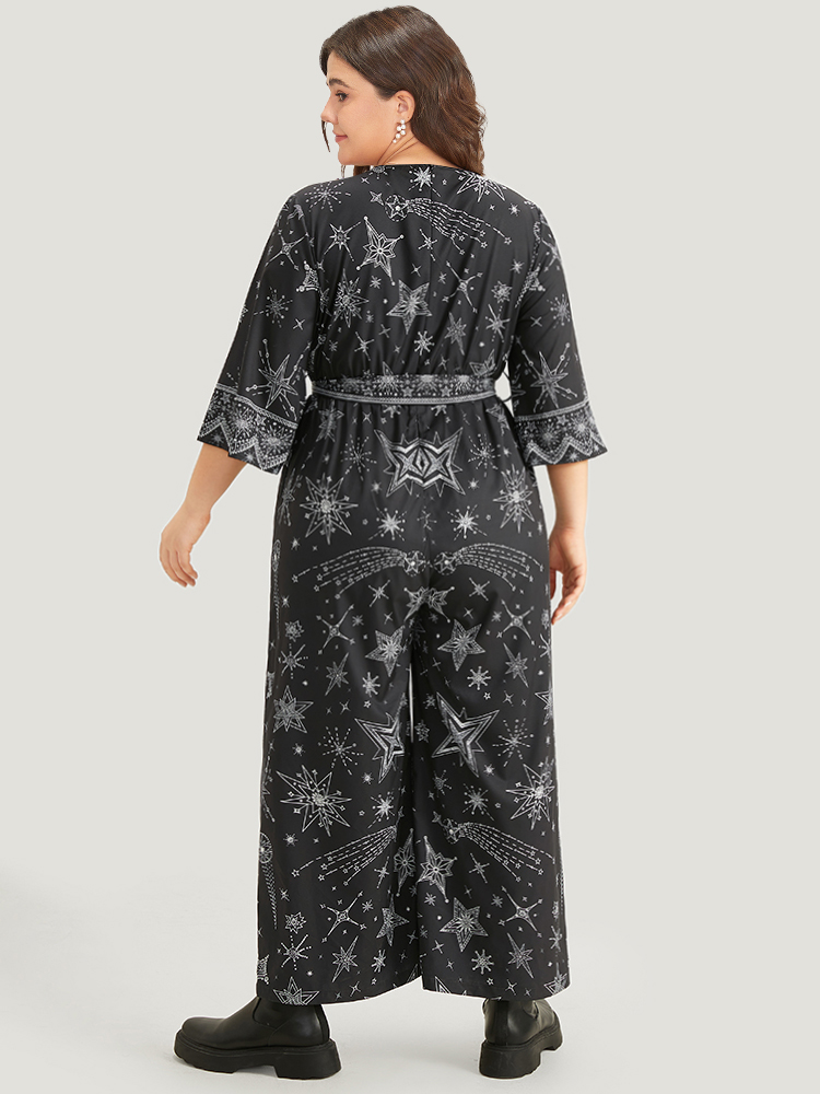 

Plus Size Black Halloween Star Print Belted V Neck Jumpsuit Women Elegant Elbow-length sleeve V-neck Festival-Halloween Loose Jumpsuits BloomChic